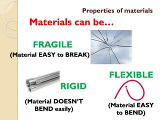 Properties of materials
Materials can be…
FRAGILE
(Material EASY to BREAK)
RIGID
(Material DOESN’T
BEND easily)
FLEXIBLE
(Material EASY
to BEND)
 