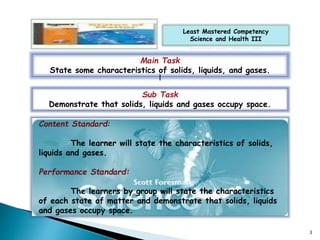 Least Mastered Competency 
Science and Health III 
Main Task 
State some characteristics of solids, liquids, and gases. 
l 
Sub Task 
Demonstrate that solids, liquids and gases occupy space. 
Content Standard: 
Content Standard: 
The learner will state the characteristics of solids, 
The learner will state some characteristics of solids, 
liquids and gases. 
liquids and gases. 
Performance Standard: 
Performance Standard: 
The learners by group will state the characteristics 
The learner will state some characteristics of each state of 
matter and demonstrate that solids, liquids and gases occupy 
of each state of matter and demonstrate that solids, liquids 
and gases occupy space. 
3 
 