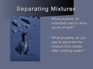Separating MixturesSeparating Mixtures
 What property doWhat property do
scientists use to cleanscientists use to clean
up an oil spill?up an oil spill?
 What property do youWhat property do you
use to separate theuse to separate the
mixture that resultsmixture that results
after cooking pasta?after cooking pasta?
 