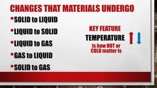 CHANGES THAT MATERIALS UNDERGO
•SOLID to LIQUID
•LIQUID to SOLID
•LIQUID to GAS
•GAS to LIQUID
•SOLID to GAS
KEY FEATURE
TEMPERATURE
is how HOT or
COLD matter is
 