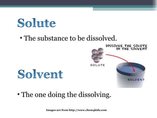 The substance to be dissolved. The one doing the dissolving. Images are from http://www.chem4kids.com  