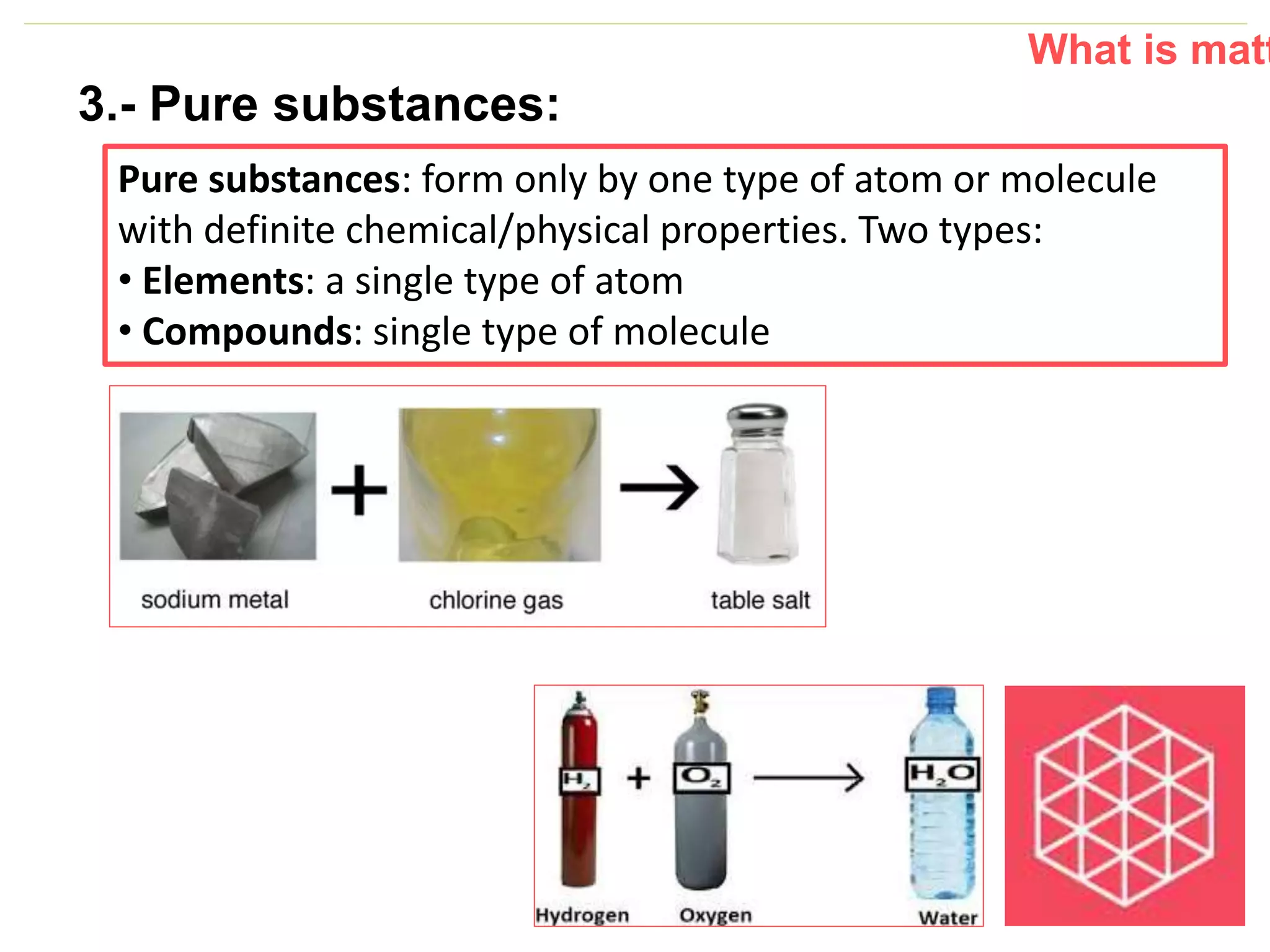 P: 555.123.4568 F: 555.123.4567
123 West Main Street, New York,
NY 10001
www.rightcare.com|
3.- Pure substances:
Pure substances: form only by one type of atom or molecule
with definite chemical/physical properties. Two types:
• Elements: a single type of atom
• Compounds: single type of molecule
What is matt
 