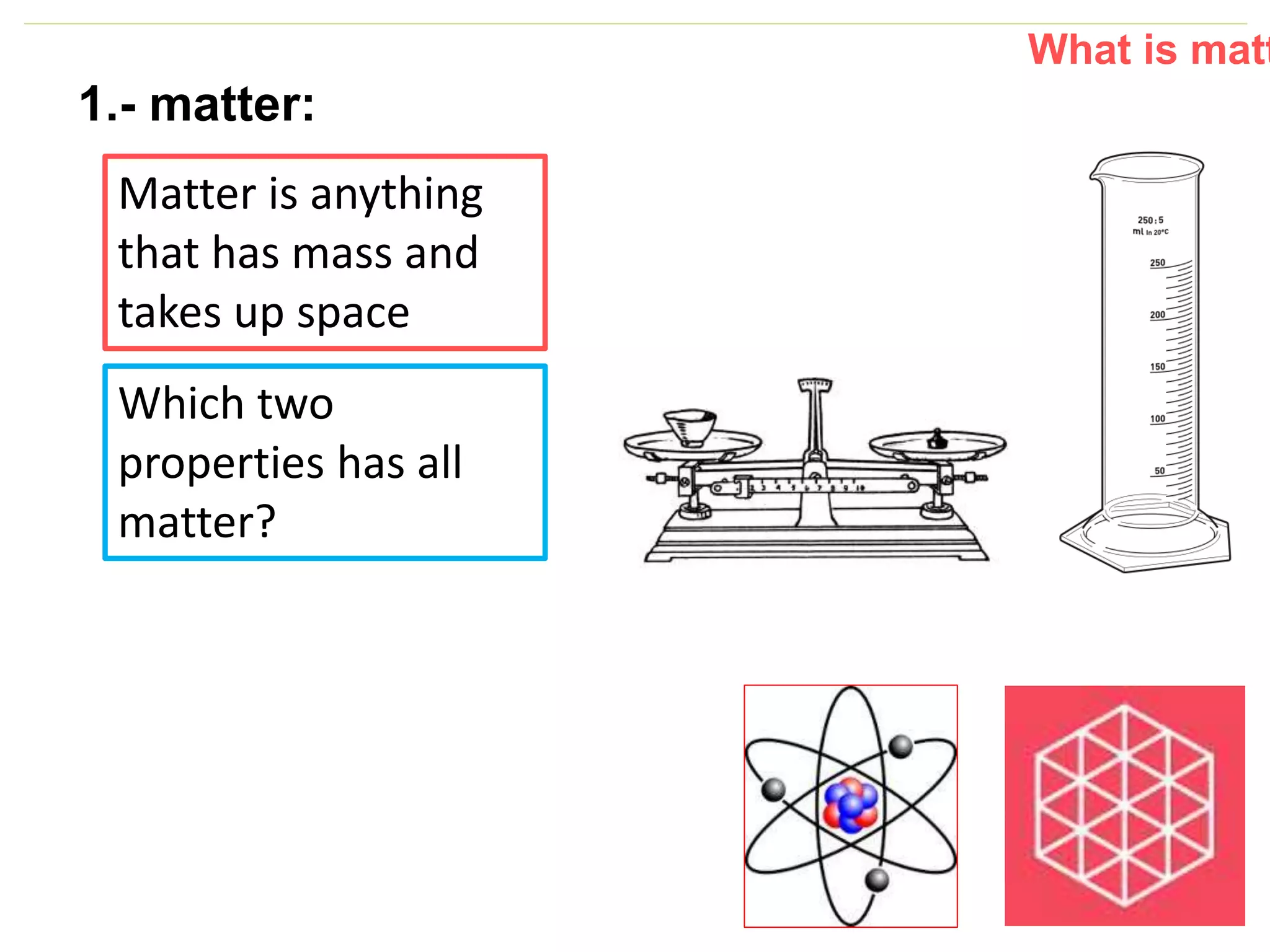 P: 555.123.4568 F: 555.123.4567
123 West Main Street, New York,
NY 10001
www.rightcare.com|
1.- matter:
Matter is anything
that has mass and
takes up space
What is matt
Which two
properties has all
matter?
 