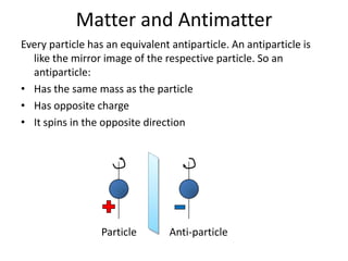 Matter and Antimatter
Every particle has an equivalent antiparticle. An antiparticle is
  like the mirror image of the respective particle. So an
  antiparticle:
• Has the same mass as the particle
• Has opposite charge
• It spins in the opposite direction




                  Particle       Anti-particle
 