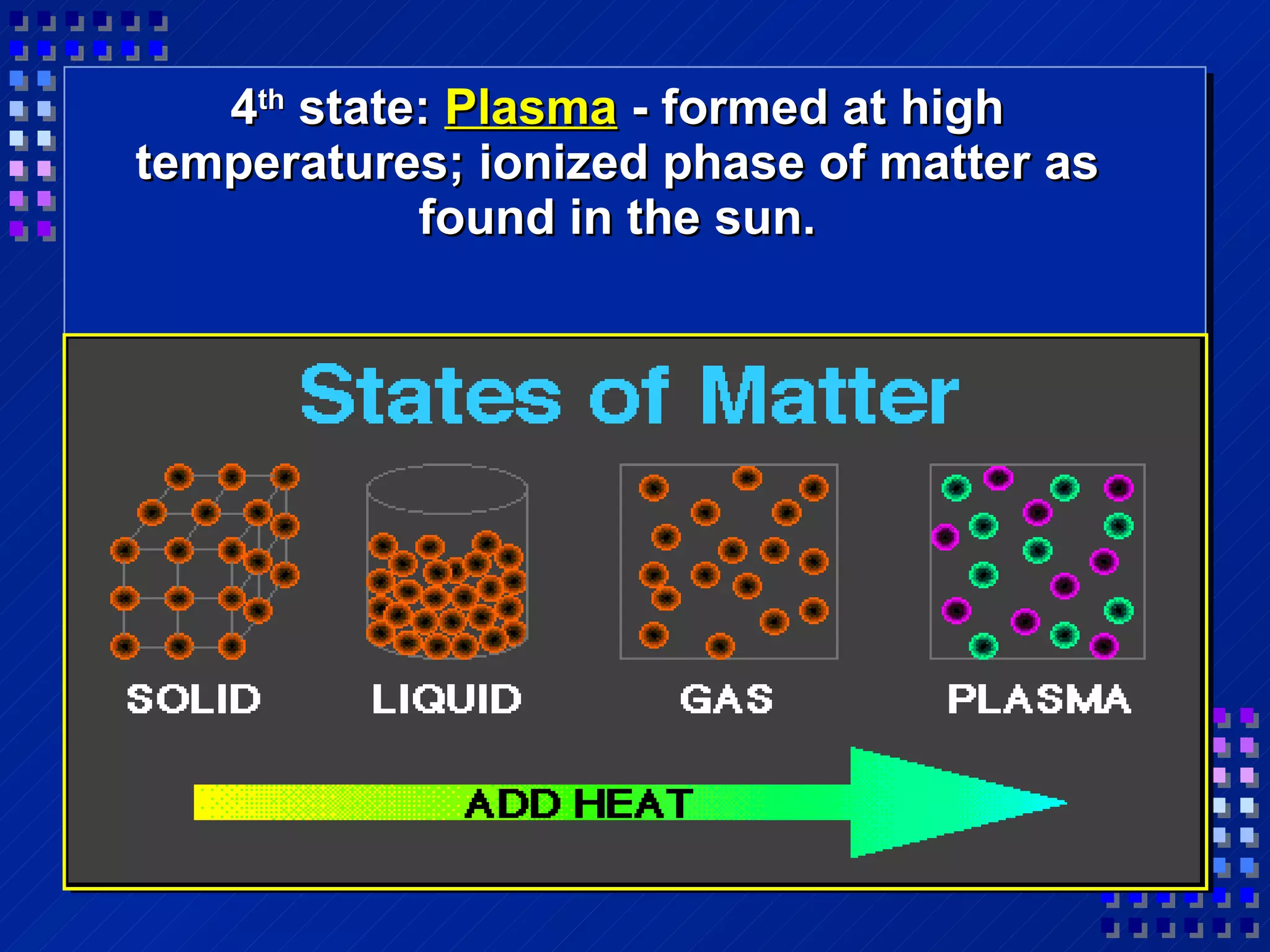 4 th  state:   Plasma  - formed at high temperatures; ionized phase of matter as found in the sun. 