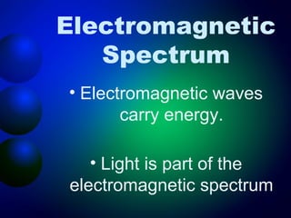 Electromagnetic
   Spectrum
• Electromagnetic waves
       carry energy.

   • Light is part of the
electromagnetic spectrum
 