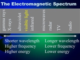The Electromagnetic Spectrum
gamma rays




                             microwaves
             visible light
             ultraviolet

             infrared
X-rays




                             radar



                                               radio
                                          TV
   Shorter wavelength           Longer wavelength
   Higher frequency             Lower frequency
   Higher energy                Lower energy
 