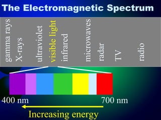 gamma rays
                             X-rays




                    400 nm
                             ultraviolet
                             visible light
                             infrared

                             microwaves


Increasing energy
                             radar
                             TV
                    700 nm



                             radio
                                             The Electromagnetic Spectrum
 