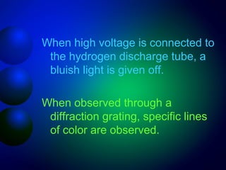 When high voltage is connected to
 the hydrogen discharge tube, a
 bluish light is given off.

When observed through a
 diffraction grating, specific lines
 of color are observed.
 
