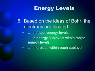 Energy Levels

5. Based on the ideas of Bohr, the
   electrons are located …
  – … in major energy levels,
  – … in energy sublevels within major
    energy levels,
  – … in orbitals within each sublevel.
 