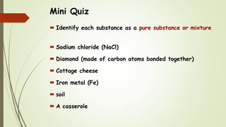 Mini Quiz
 Identify each substance as a pure substance or mixture
 Sodium chloride (NaCl)
 Diamond (made of carbon atoms bonded together)
 Cottage cheese
 Iron metal (Fe)
 soil
 A casserole
 