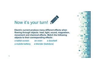 Electric current produce many different effects when
flowing through objects: heat, light, sound, magnetism,
movement and chemical effects. Match the following
objects to their corresponding effects:
a tablet screen an oven a doorbell
a mobile battery a blender (batidora)
Now it’s your turn!
6
 
