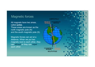 Magnetic forces
All magnets have two areas,
called poles.
These areas are known as the
north magnetic pole (N)
and the south magnetic pole (S).
Magnetic forces can act at a
distance. When we put two
magnets next to each other, they
can attract or they can repel
each other.
 