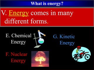 What is energy?
E. Chemical
Energy
F. Nuclear
Energy
G. Kinetic
Energy
F. Energy comes in many
different forms.
V. Energy comes in many
different forms.
 