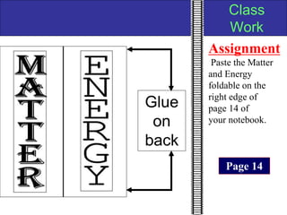 Class
Work
Assignment
Paste the Matter
and Energy
foldable on the
right edge of
page 14 of
your notebook.
Page 14
Glue
on
back
 