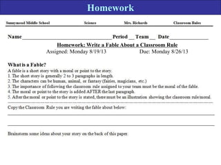 Homework
Homework: Write a Fable About a Classroom Rule
Assigned: Monday 8/19/13 Due: Monday 8/26/13
 