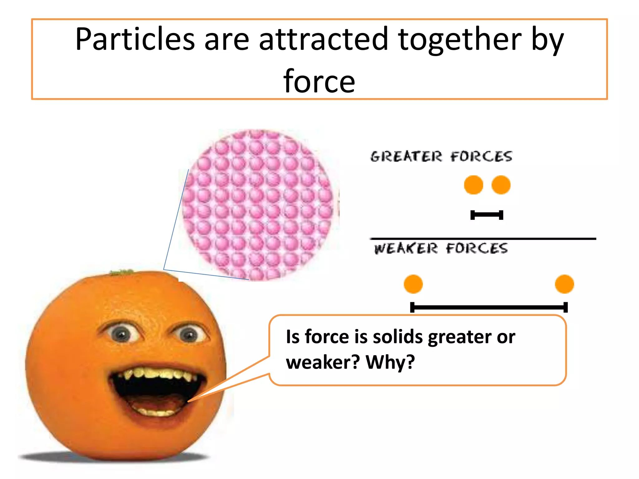 Particles are attracted together by
force
Is force is solids greater or
weaker? Why?
 