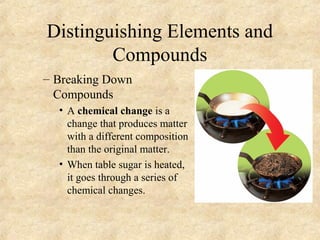 Distinguishing Elements and
Compounds
– Breaking Down
Compounds
• A chemical change is a
change that produces matter
with a different composition
than the original matter.
• When table sugar is heated,
it goes through a series of
chemical changes.
 
