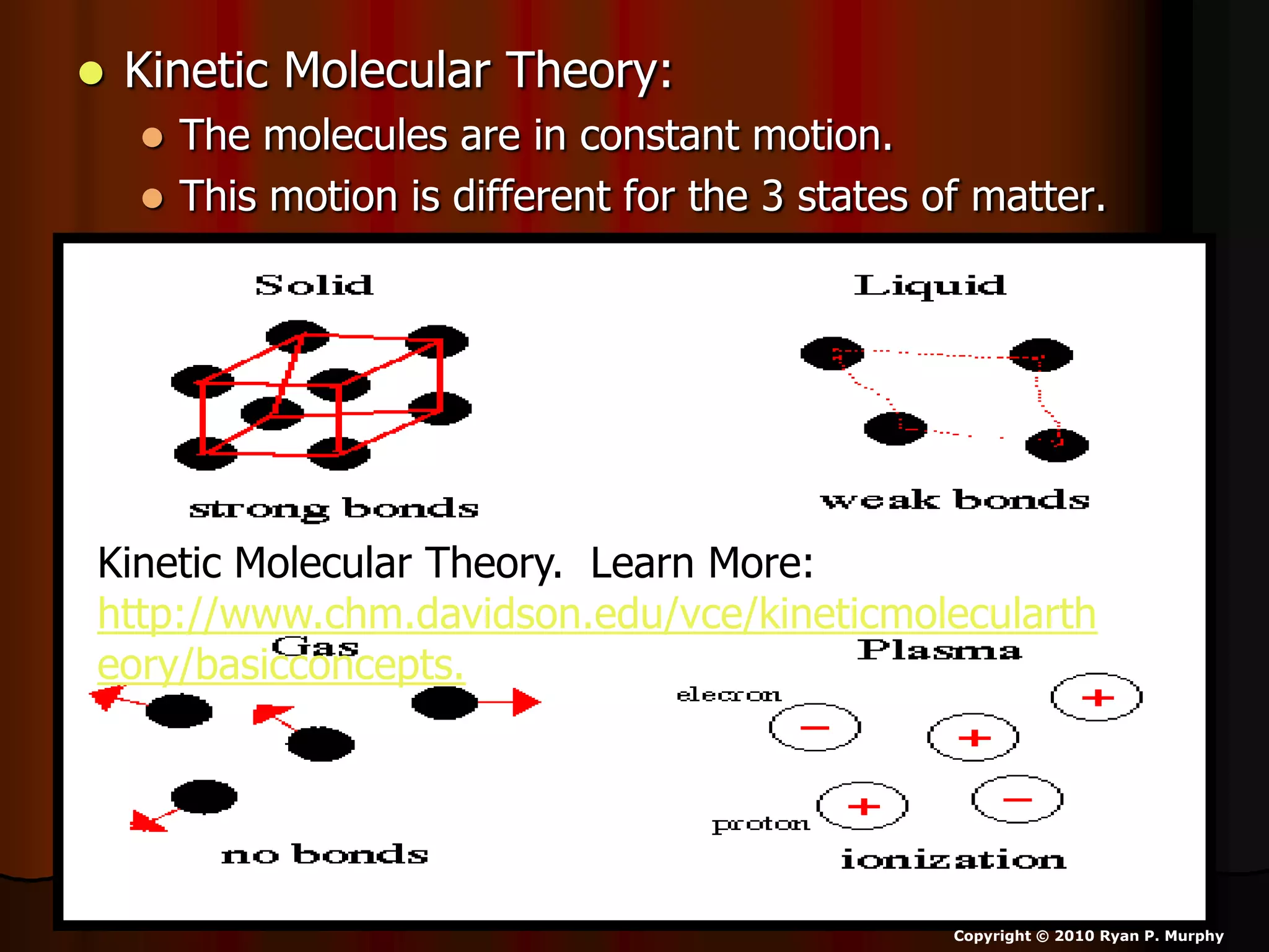  Kinetic Molecular Theory:
 The molecules are in constant motion.
 This motion is different for the 3 states of matter.
Copyright © 2010 Ryan P. Murphy
Kinetic Molecular Theory. Learn More:
http://www.chm.davidson.edu/vce/kineticmolecularth
eory/basicconcepts.
 