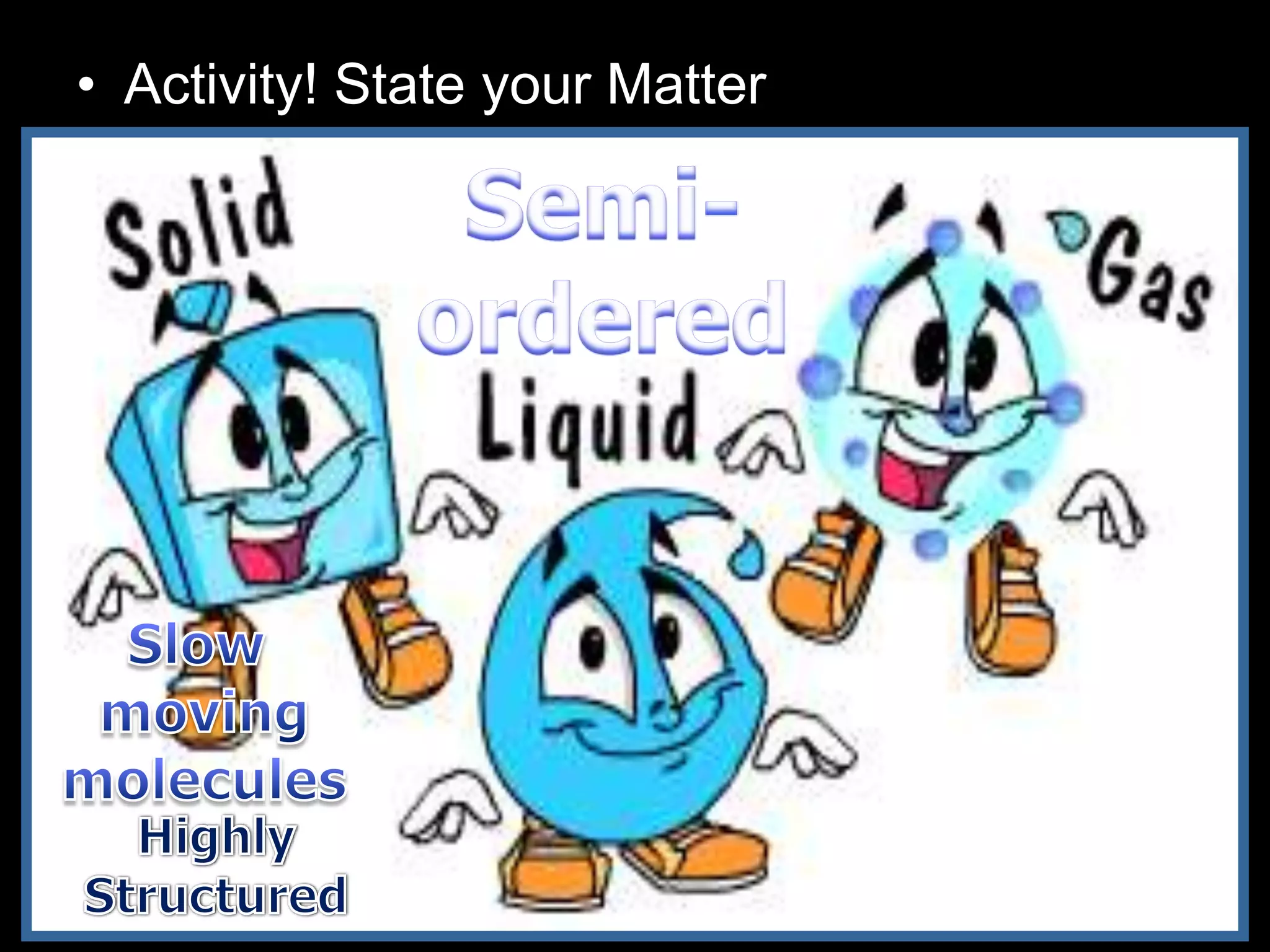 • Activity! State your Matter
– Teacher to give each group of students a
solid block (Maybe ice), glass of water, and
balloon filled with gas.
 