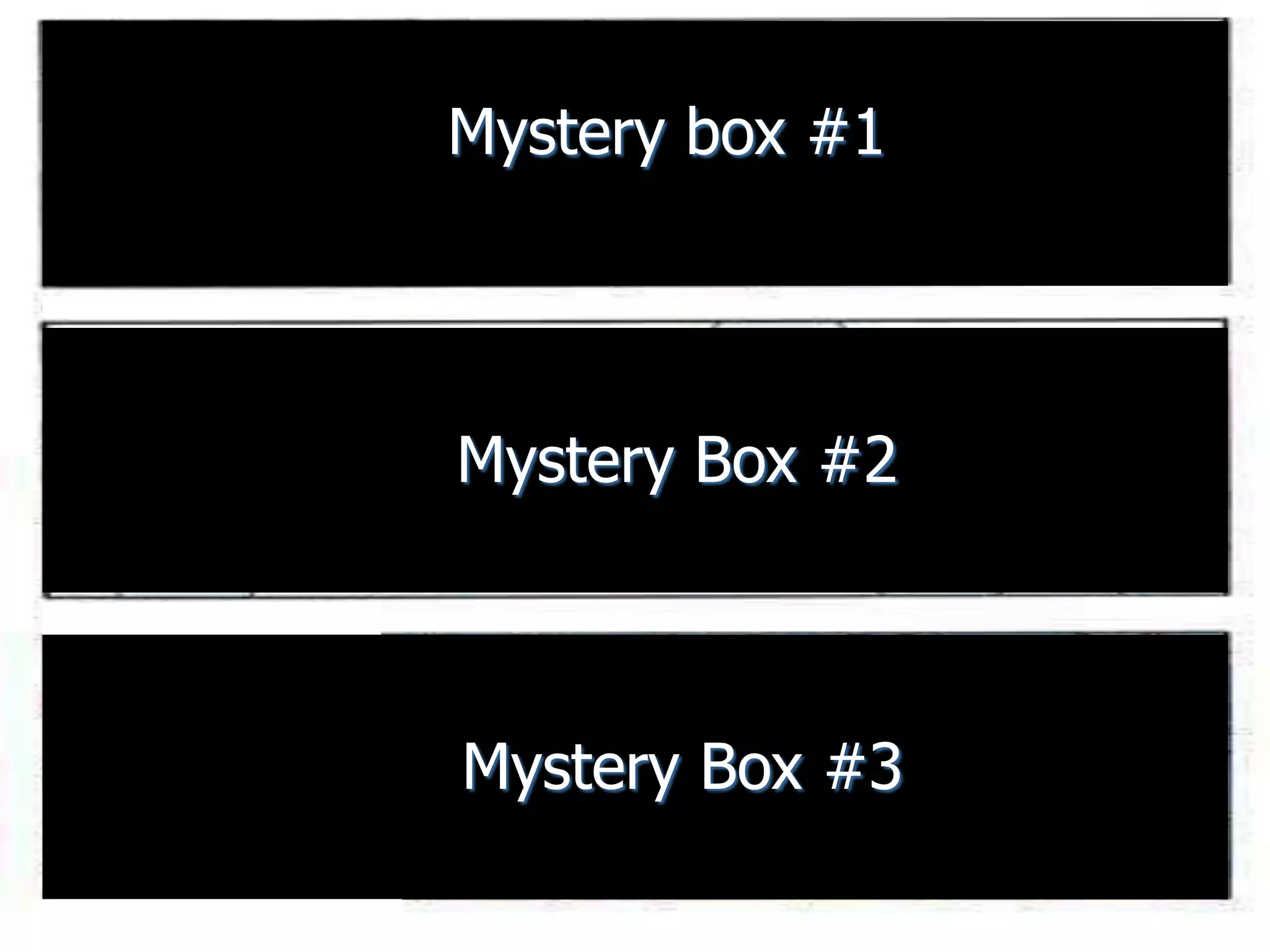 Mystery box #1
Mystery Box #2
Mystery Box #3
 