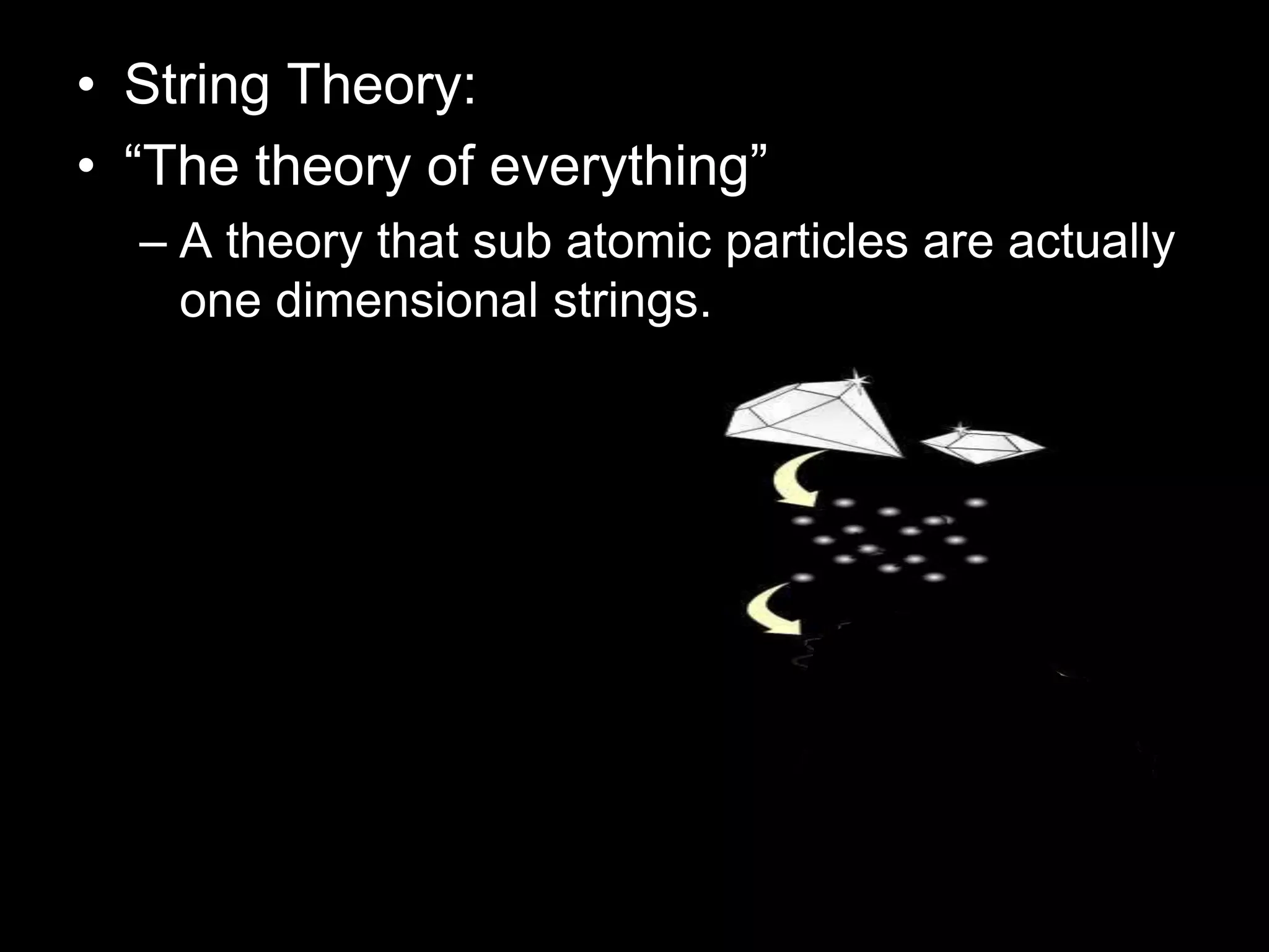• String Theory:
• “The theory of everything”
– A theory that sub atomic particles are actually
one dimensional strings.
 