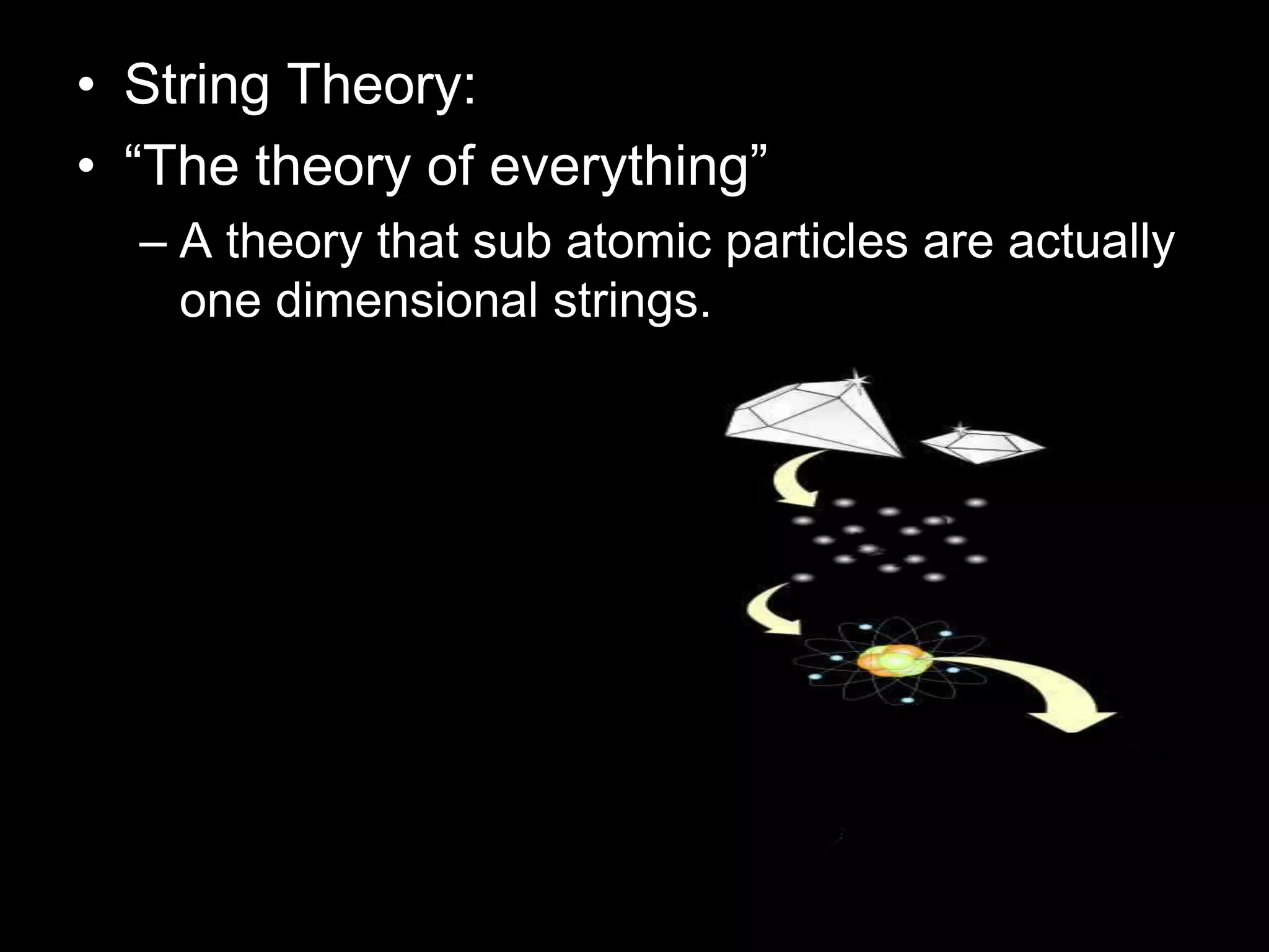 • String Theory:
• “The theory of everything”
– A theory that sub atomic particles are actually
one dimensional strings.
 
