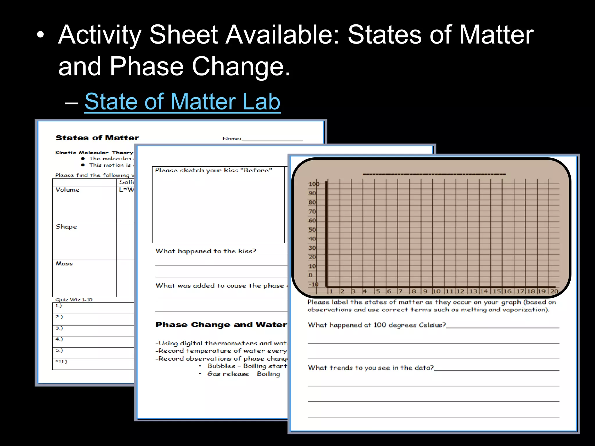 • Activity Sheet Available: States of Matter
and Phase Change.
– State of Matter Lab
 
