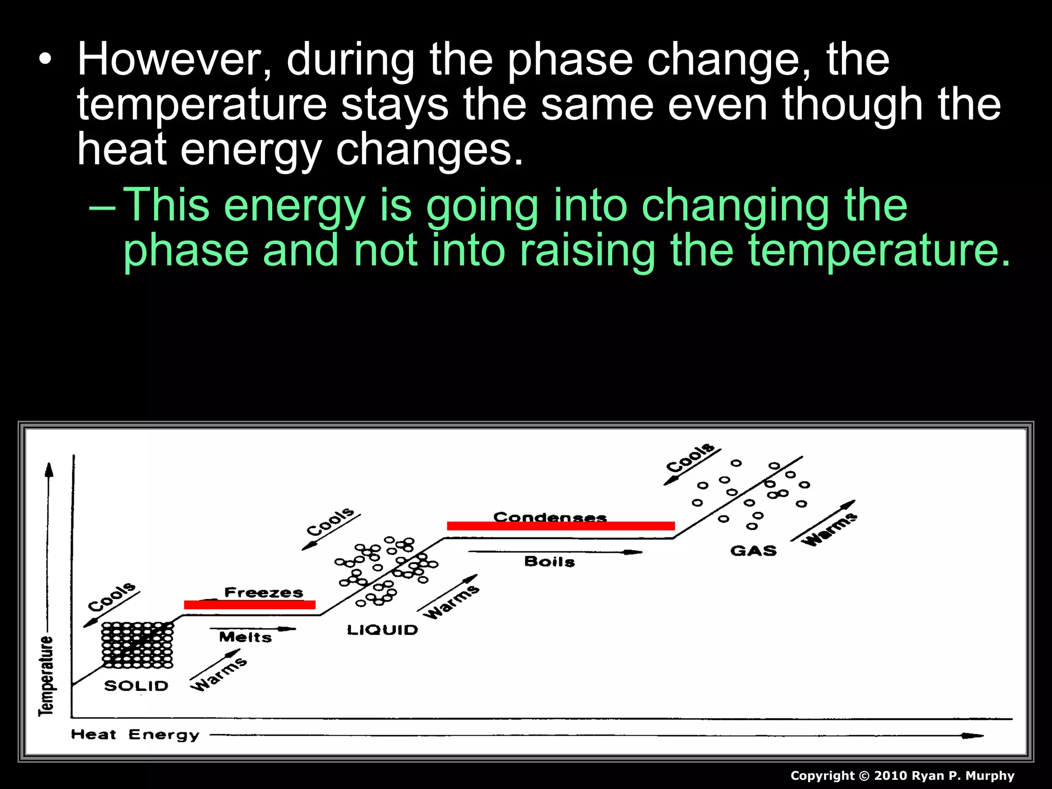 • However, during the phase change, the
temperature stays the same even though the
heat energy changes.
–This energy is going into changing the
phase and not into raising the temperature.
That's why water doesn't get hotter as it is
boiling. The temperature remains constant
until the phase change is complete.
Copyright © 2010 Ryan P. Murphy
 