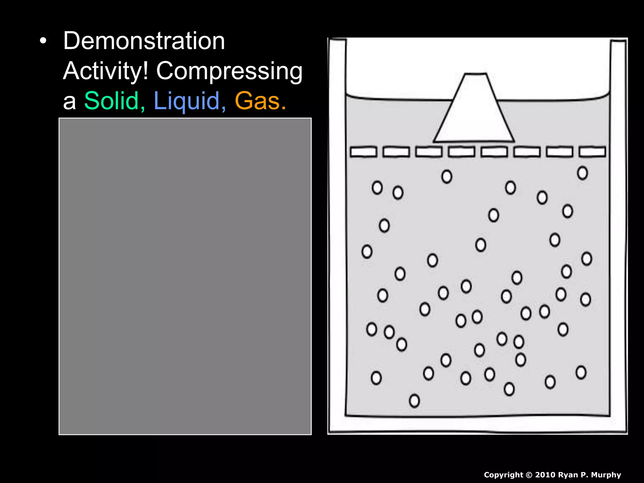 • Demonstration
Activity! Compressing
a Solid, Liquid, Gas.
– Which will require the
most effort to
compress?
– Solid, (Round clay
blob the size of water
balloon.
– Liquid, (Water Balloon)
– Gas, (Air-filled
Balloon)
Copyright © 2010 Ryan P. Murphy
 