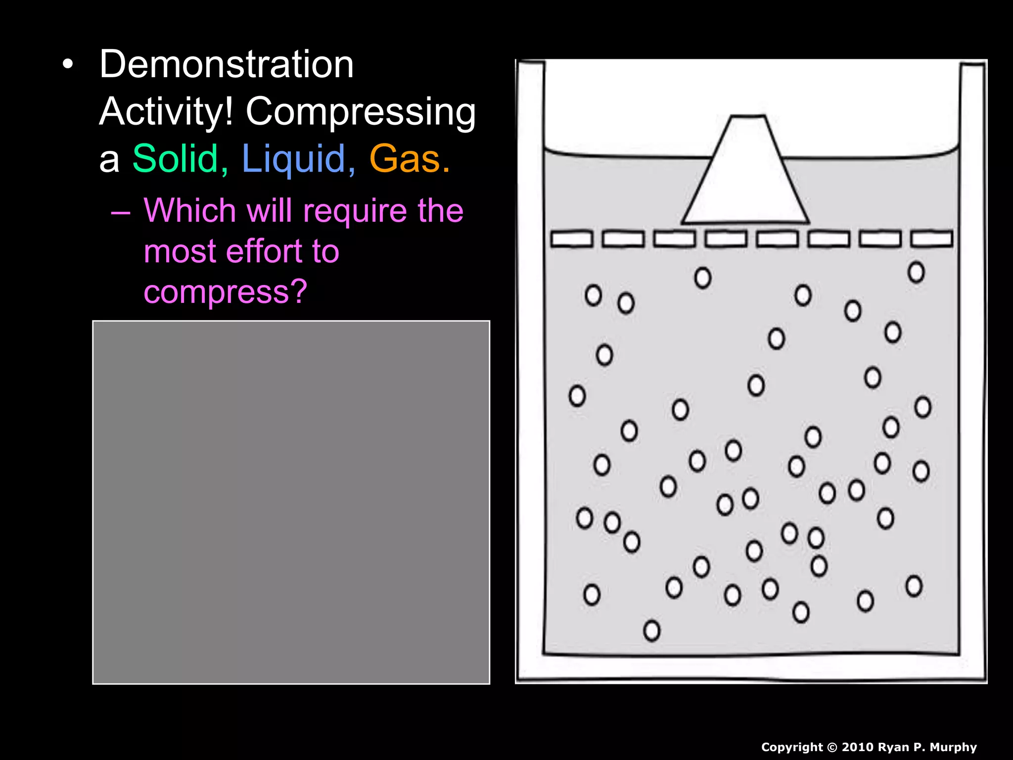 • Demonstration
Activity! Compressing
a Solid, Liquid, Gas.
– Which will require the
most effort to
compress?
– Solid, (Round clay
blob the size of water
balloon.
– Liquid, (Water Balloon)
– Gas, (Air-filled
Balloon)
Copyright © 2010 Ryan P. Murphy
 