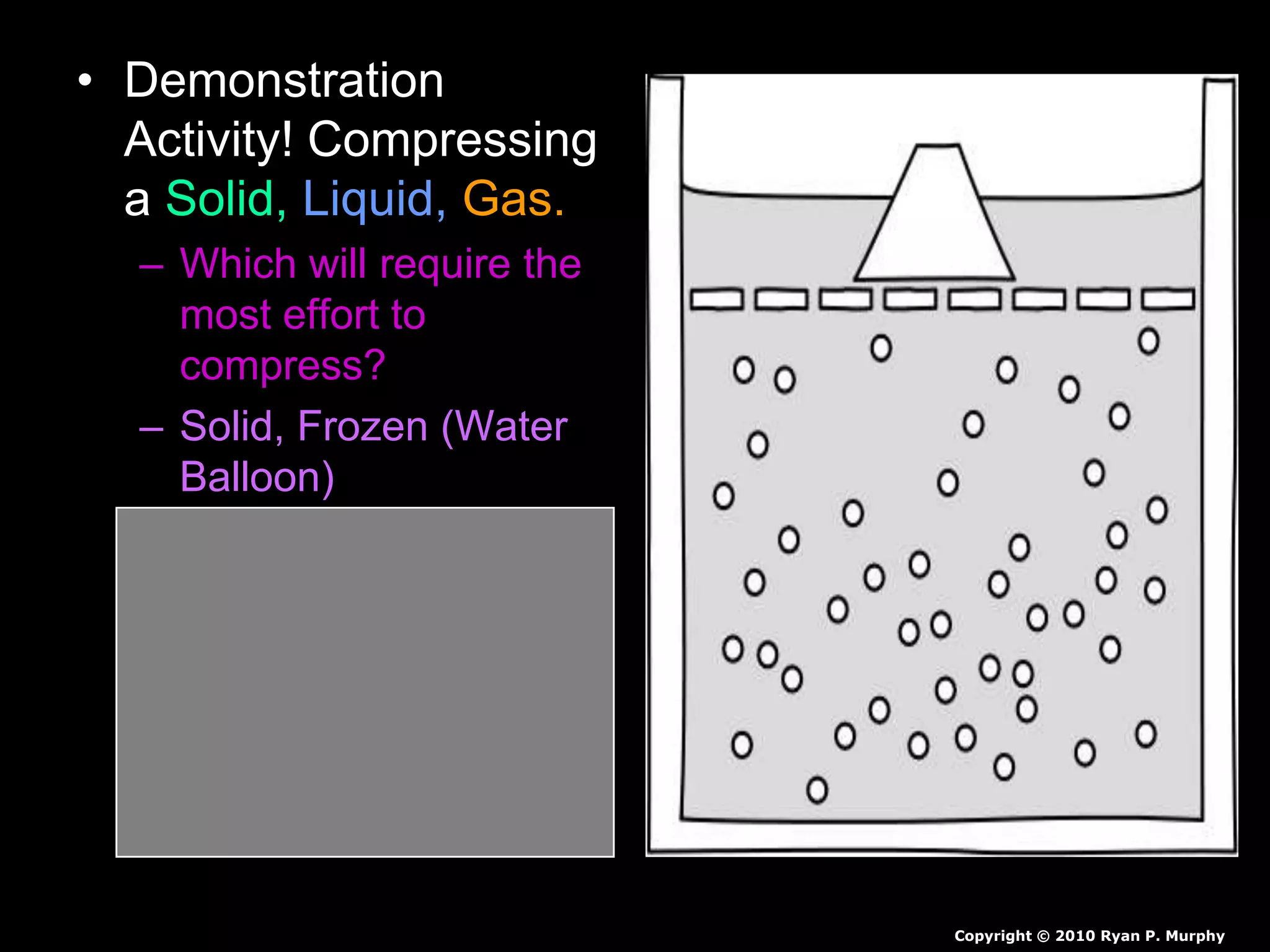 • Demonstration
Activity! Compressing
a Solid, Liquid, Gas.
– Which will require the
most effort to
compress?
– Solid, Frozen (Water
Balloon)
– Gas, (Air-filled
Balloon)
Copyright © 2010 Ryan P. Murphy
 
