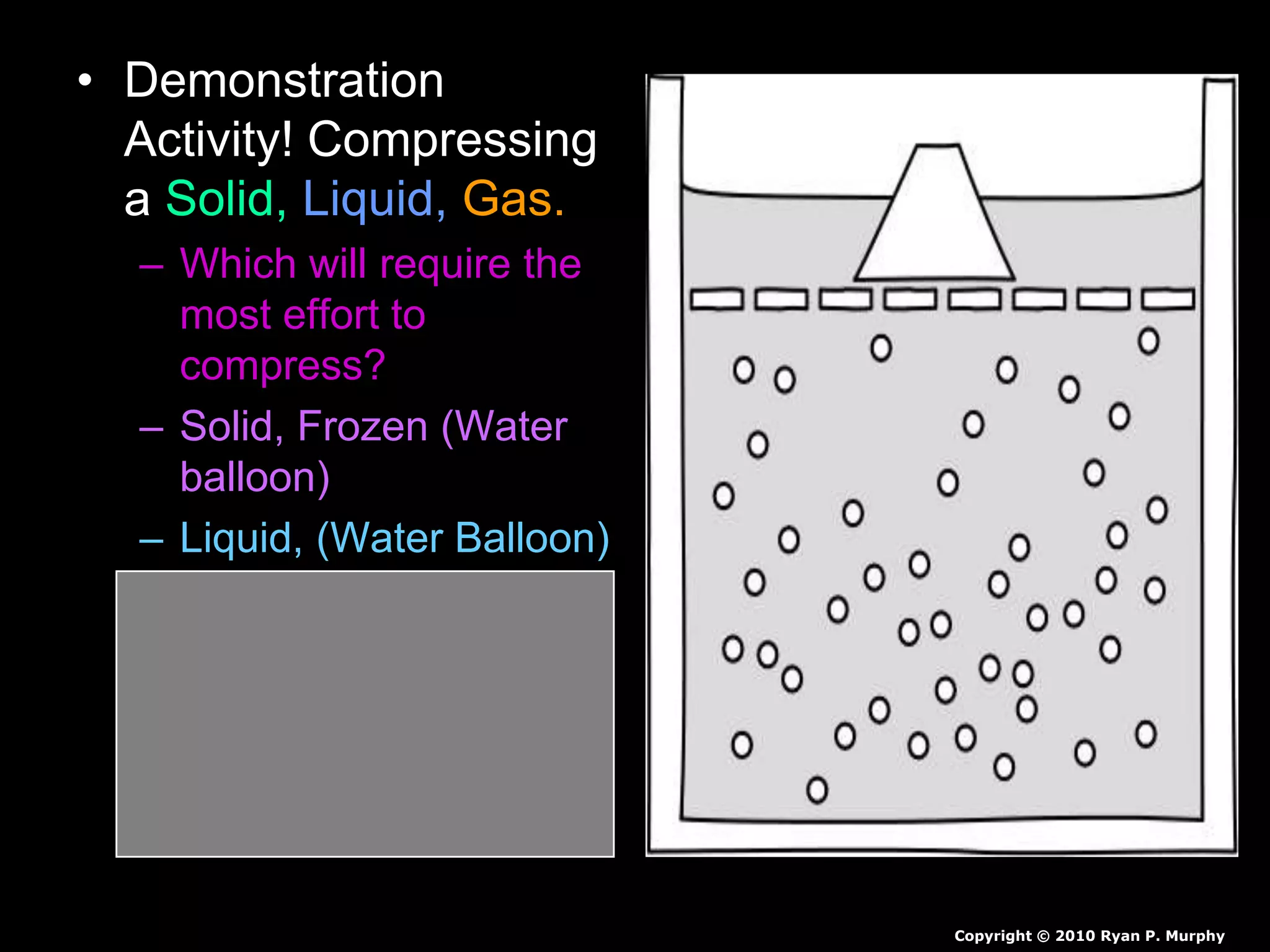 • Demonstration
Activity! Compressing
a Solid, Liquid, Gas.
– Which will require the
most effort to
compress?
– Solid, Frozen (Water
balloon)
– Liquid, (Water Balloon)
– Gas, (Air-filled
Balloon)
Copyright © 2010 Ryan P. Murphy
 