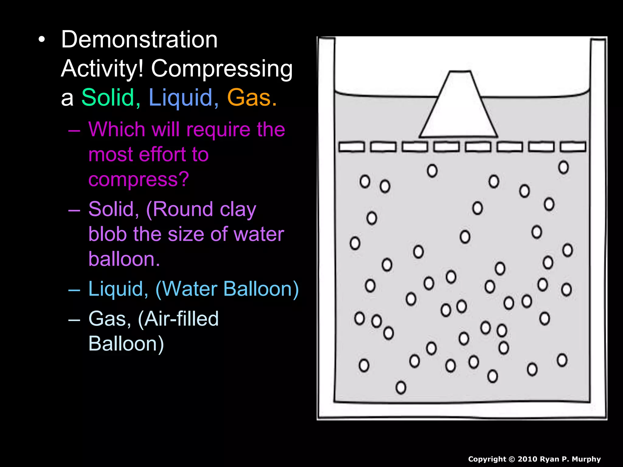 • Demonstration
Activity! Compressing
a Solid, Liquid, Gas.
– Which will require the
most effort to
compress?
– Solid, (Round clay
blob the size of water
balloon.
– Liquid, (Water Balloon)
– Gas, (Air-filled
Balloon)
Copyright © 2010 Ryan P. Murphy
 