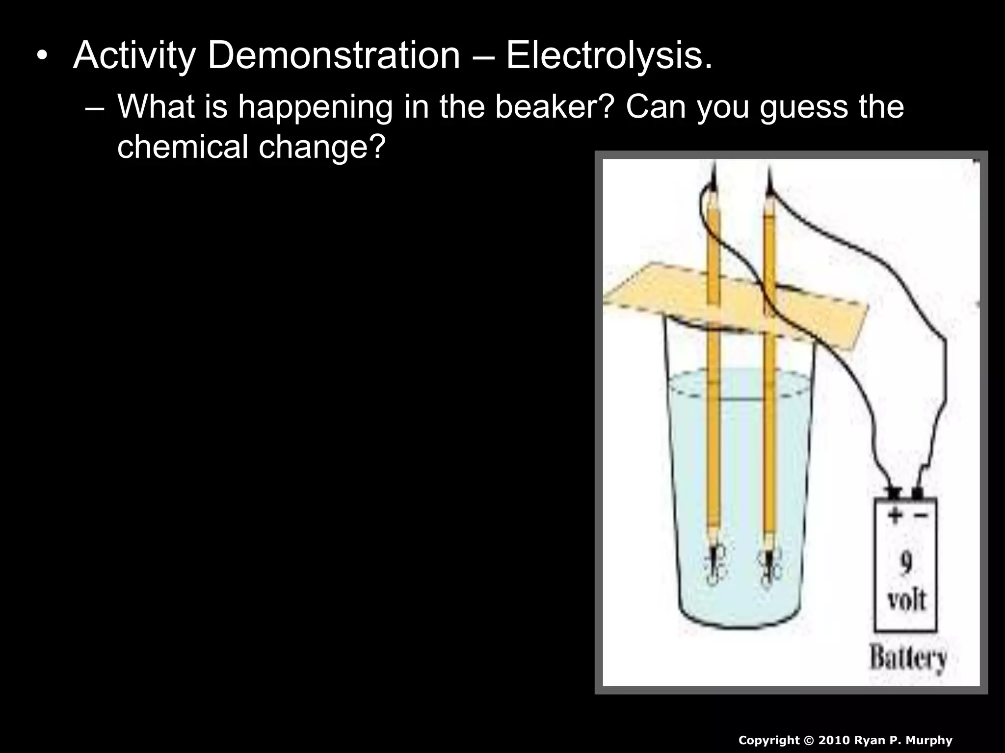• Activity Demonstration – Electrolysis.
– What is happening in the beaker? Can you guess the
chemical change?
Copyright © 2010 Ryan P. Murphy
 