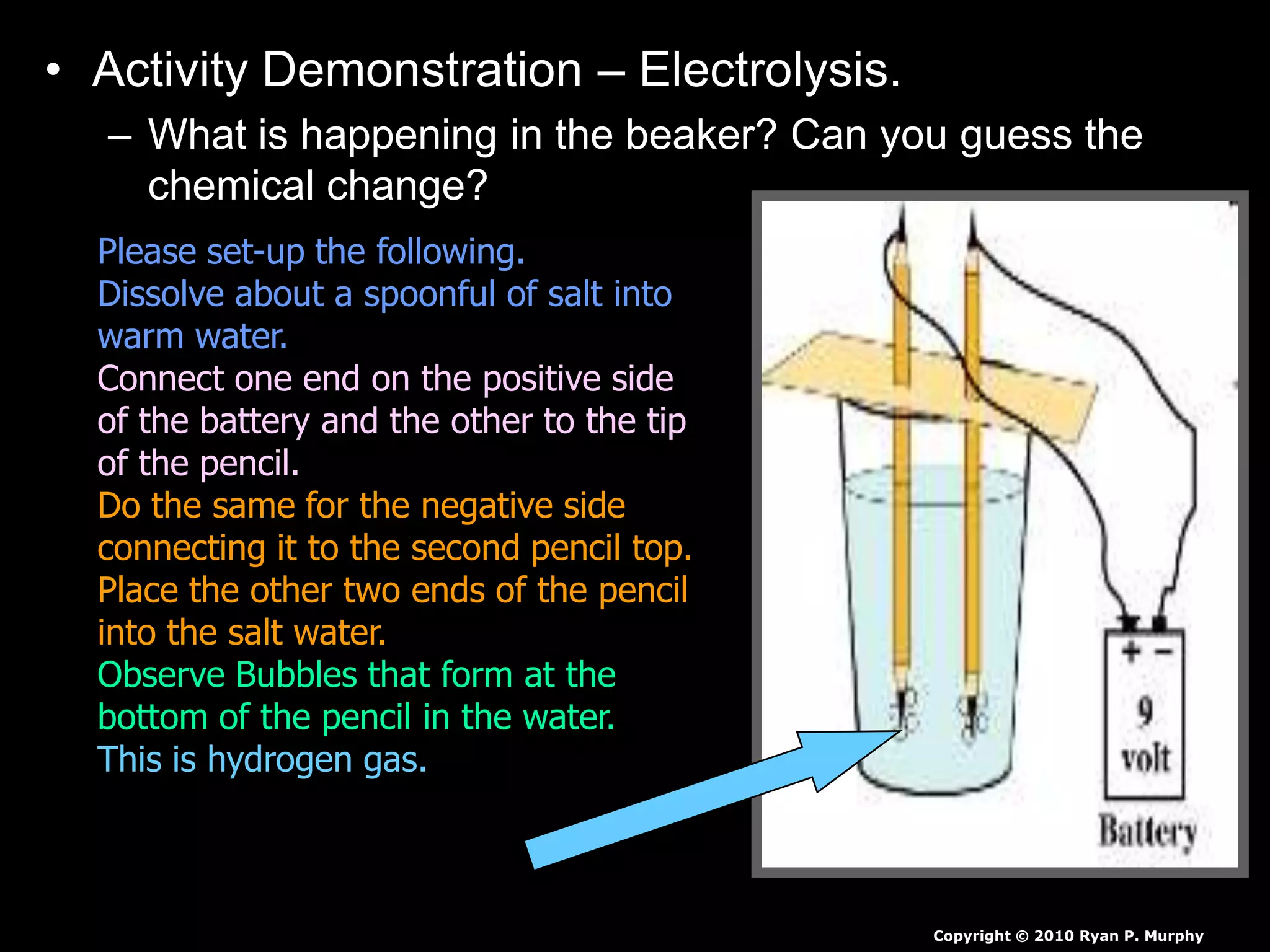 • Activity Demonstration – Electrolysis.
– What is happening in the beaker? Can you guess the
chemical change?
Copyright © 2010 Ryan P. Murphy
Please set-up the following.
Dissolve about a spoonful of salt into
warm water.
Connect one end on the positive side
of the battery and the other to the tip
of the pencil.
Do the same for the negative side
connecting it to the second pencil top.
Place the other two ends of the pencil
into the salt water.
Observe Bubbles that form at the
bottom of the pencil in the water.
This is hydrogen gas.
 