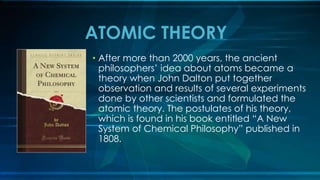 • After more than 2000 years, the ancient
philosophers’ idea about atoms became a
theory when John Dalton put together
observation and results of several experiments
done by other scientists and formulated the
atomic theory. The postulates of his theory,
which is found in his book entitled “A New
System of Chemical Philosophy” published in
1808.
ATOMIC THEORY
 