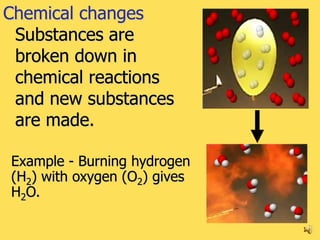 Chemical changes
 Substances are
 broken down in
 chemical reactions
 and new substances
 are made.

Example - Burning hydrogen
(H2) with oxygen (O2) gives
H2O.

                              14
 