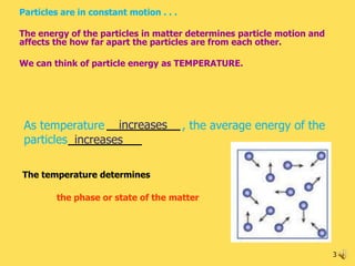 Particles are in constant motion . . .

The energy of the particles in matter determines particle motion and
affects the how far apart the particles are from each other.

We can think of particle energy as TEMPERATURE.




 As temperature increases                , the average energy of the
 particles increases

The temperature determines

        the phase or state of the matter




                                                                       3
 