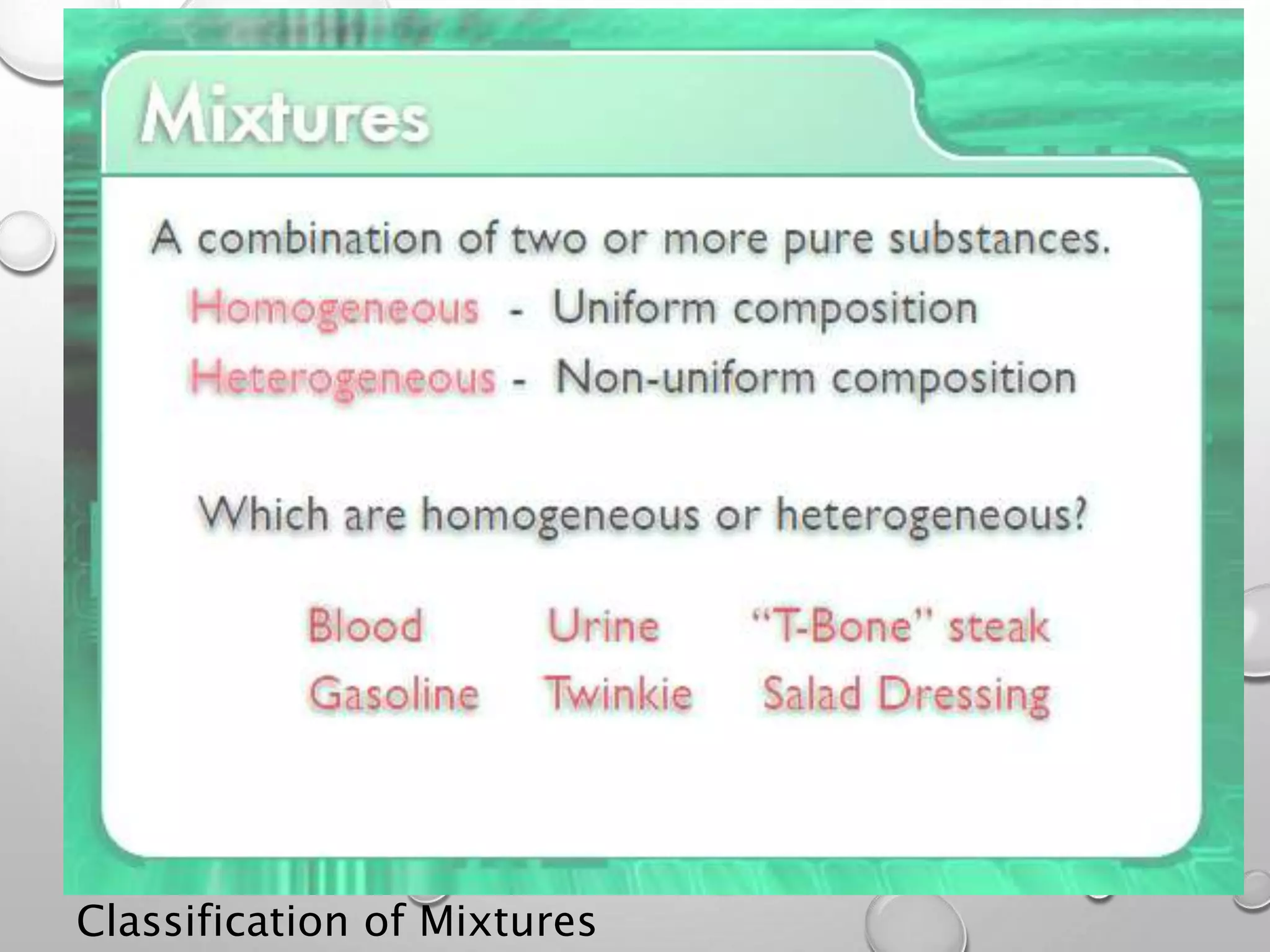 CHEMICAL COMPOSITION OF
MATTER
Classification of Mixtures
 