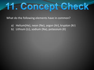 What do the following elements have in common?
a) Helium(He), neon (Ne), argon (Ar), krypton (Kr)
b) Lithium (Li), sodium (Na), potassium (K)
 