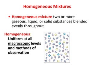 Homogeneous Mixtures

 • Homogeneous mixture two or more
   gaseous, liquid, or solid substances blended
   evenly throughout.
Homogeneous:
 Uniform at all
 macroscopic levels
 and methods of
 observation
 