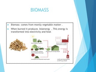 BIOMASS
 Biomass comes from montly vegetable matter .
 When burned it produces bioenergy . This energy is
transformed into electricity and heat
 