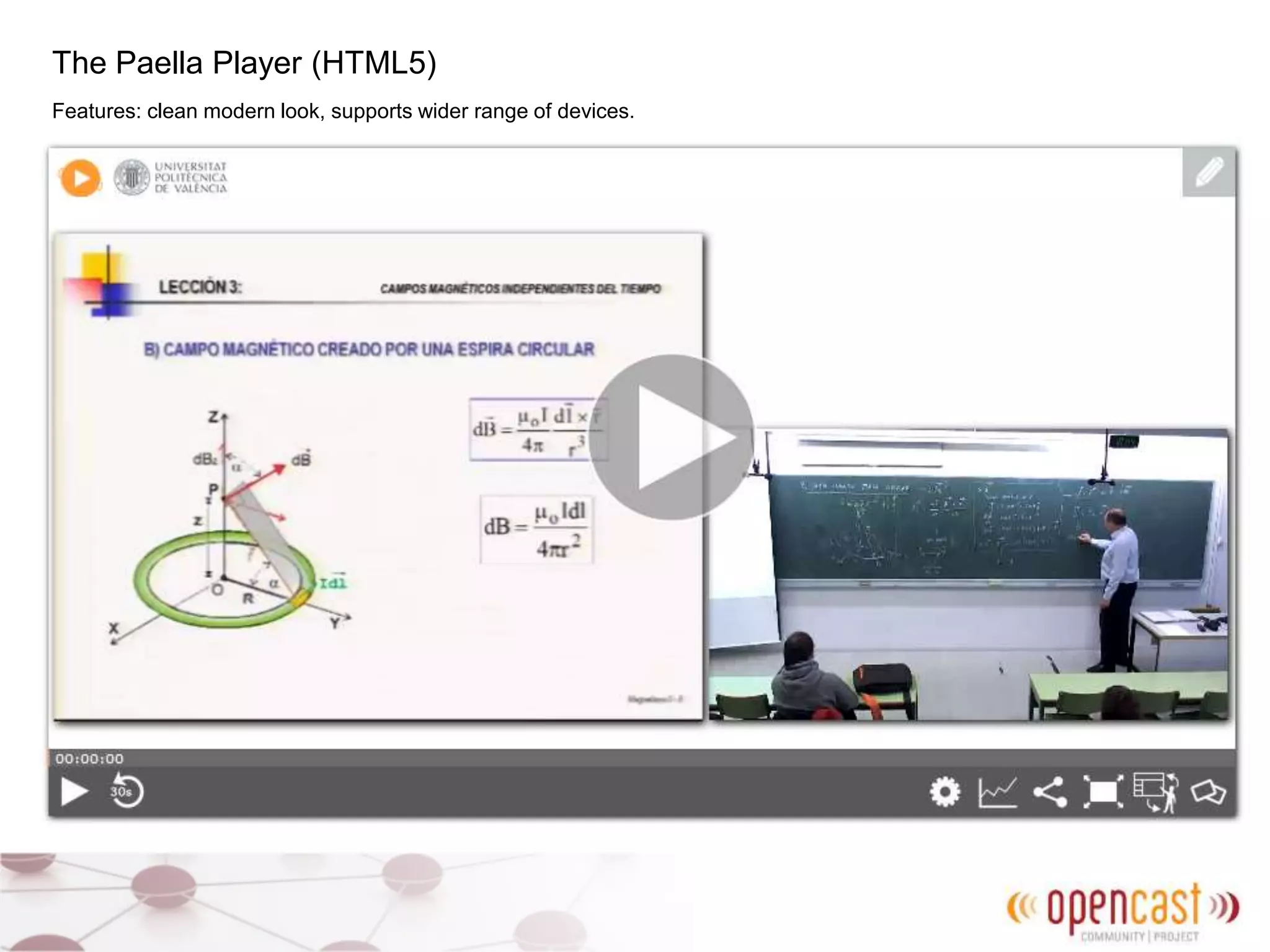 The Paella Player (HTML5)
Features: clean modern look, supports wider range of devices.
 