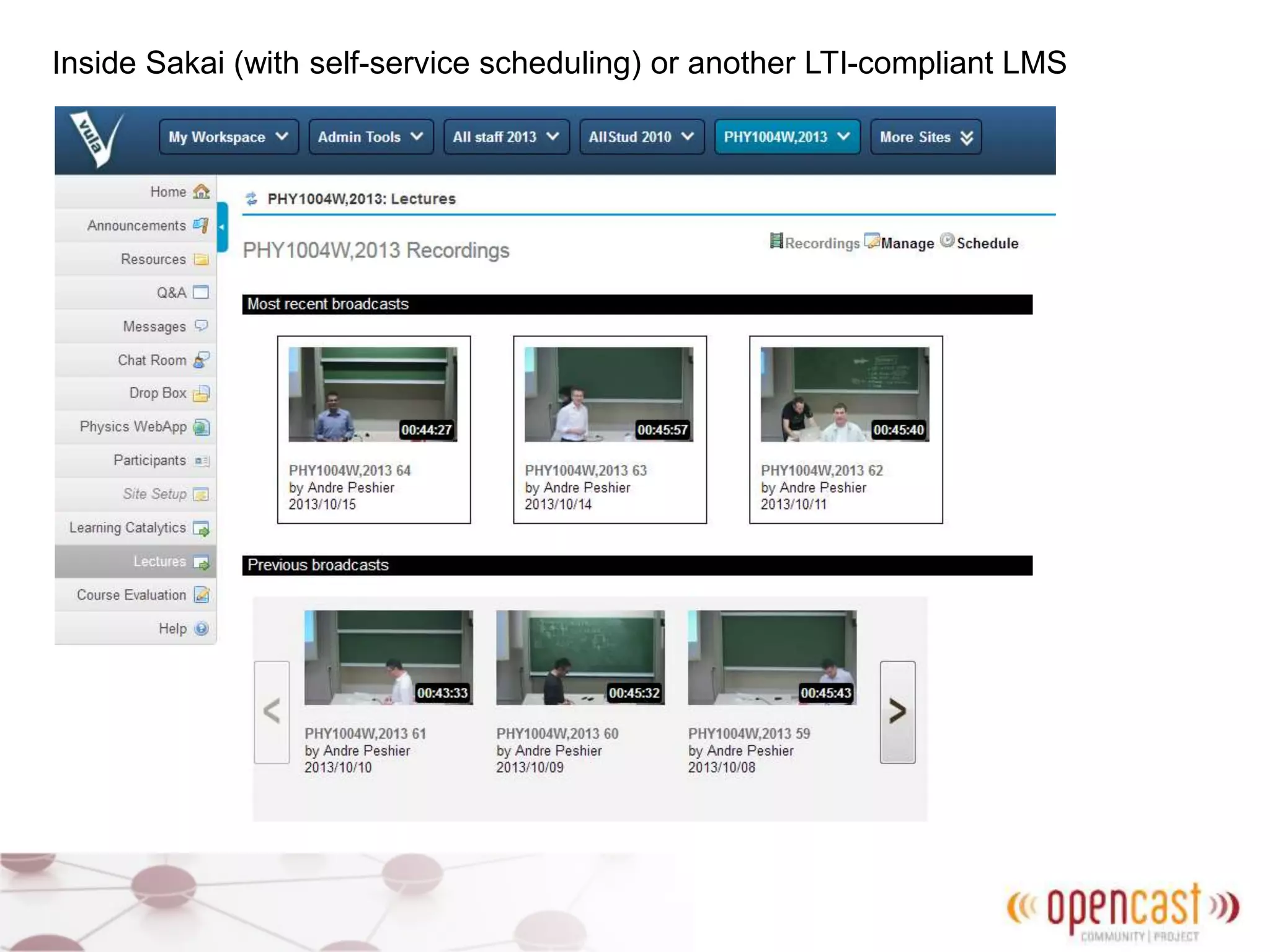 Inside Sakai (with self-service scheduling) or another LTI-compliant LMS
 
