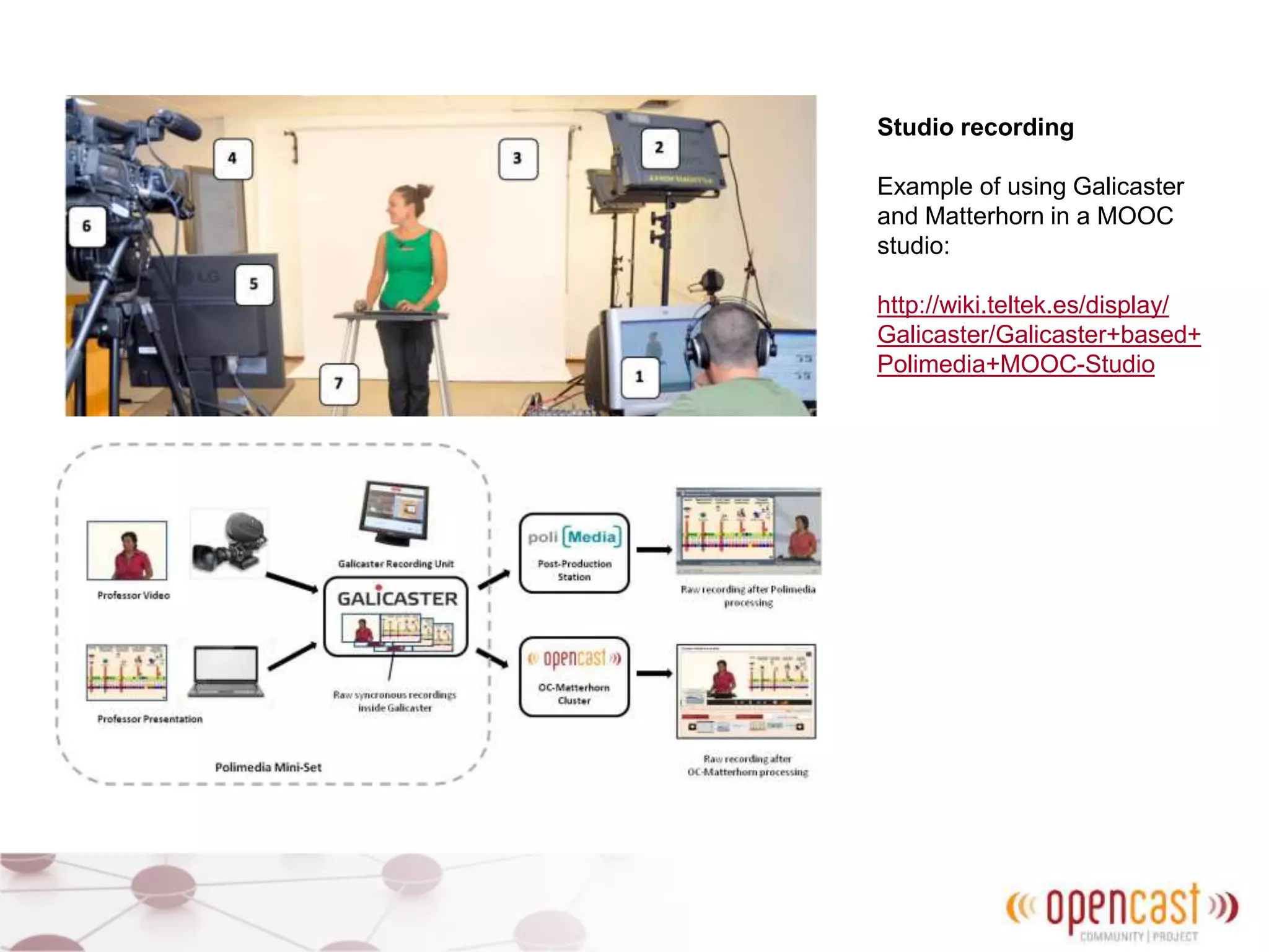 Studio recording
Example of using Galicaster
and Matterhorn in a MOOC
studio:
http://wiki.teltek.es/display/
Galicaster/Galicaster+based+
Polimedia+MOOC-Studio
 