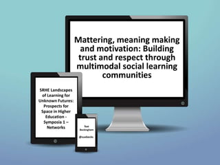 SRHE Landscapes
of Learning for
Unknown Futures:
Prospects for
Space in Higher
Education -
Symposia 1 –
Networks
Mattering, meaning making
and motivation: Building
trust and respect through
multimodal social learning
communities
Sue
Beckingham
@suebecks
 