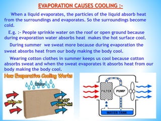 EVAPORATION CAUSES COOLING :-
When a liquid evaporates, the particles of the liquid absorb heat
from the surroundings and evaporates. So the surroundings become
cold.
E.g. :- People sprinkle water on the roof or open ground because
during evaporation water absorbs heat makes the hot surface cool.
During summer we sweat more because during evaporation the
sweat absorbs heat from our body making the body cool.
Wearing cotton clothes in summer keeps us cool because cotton
absorbs sweat and when the sweat evaporates it absorbs heat from our
body making the body cool.
 