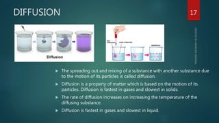 DIFFUSION
 The spreading out and mixing of a substance with another substance due
to the motion of its particles is called diffusion.
 Diffusion is a property of matter which is based on the motion of its
particles. Diffusion is fastest in gases and slowest in solids.
 The rate of diffusion increases on increasing the temperature of the
diffusing substance.
 Diffusion is fastest in gases and slowest in liquid.
17
 
