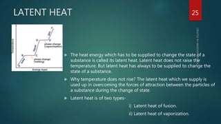 LATENT HEAT
 The heat energy which has to be supplied to change the state of a
substance is called its latent heat. Latent heat does not raise the
temperature. But latent heat has always to be supplied to change the
state of a substance.
 Why temperature does not rise? The latent heat which we supply is
used up in overcoming the forces of attraction between the particles of
a substance during the change of state.
 Latent heat is of two types-
i) Latent heat of fusion.
ii) Latent heat of vaporization.
25
 